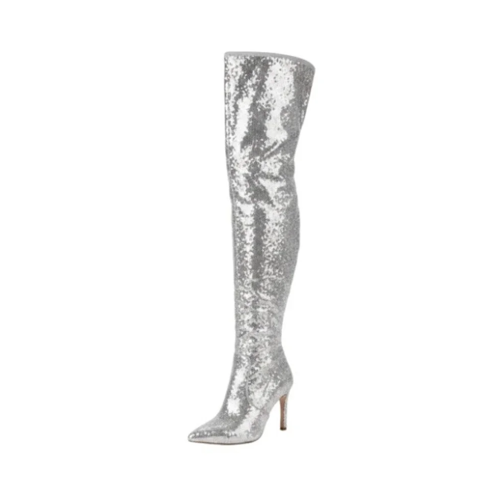 Steve Madden Thigh High Boots Silver Sequin Stretch Pointed Toe Womens 8 NEW